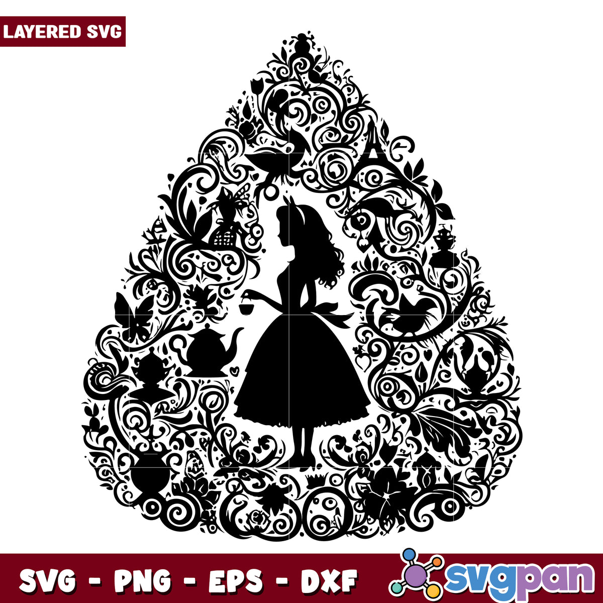 Alice in Wonderland SVG Silhouette Floral Design