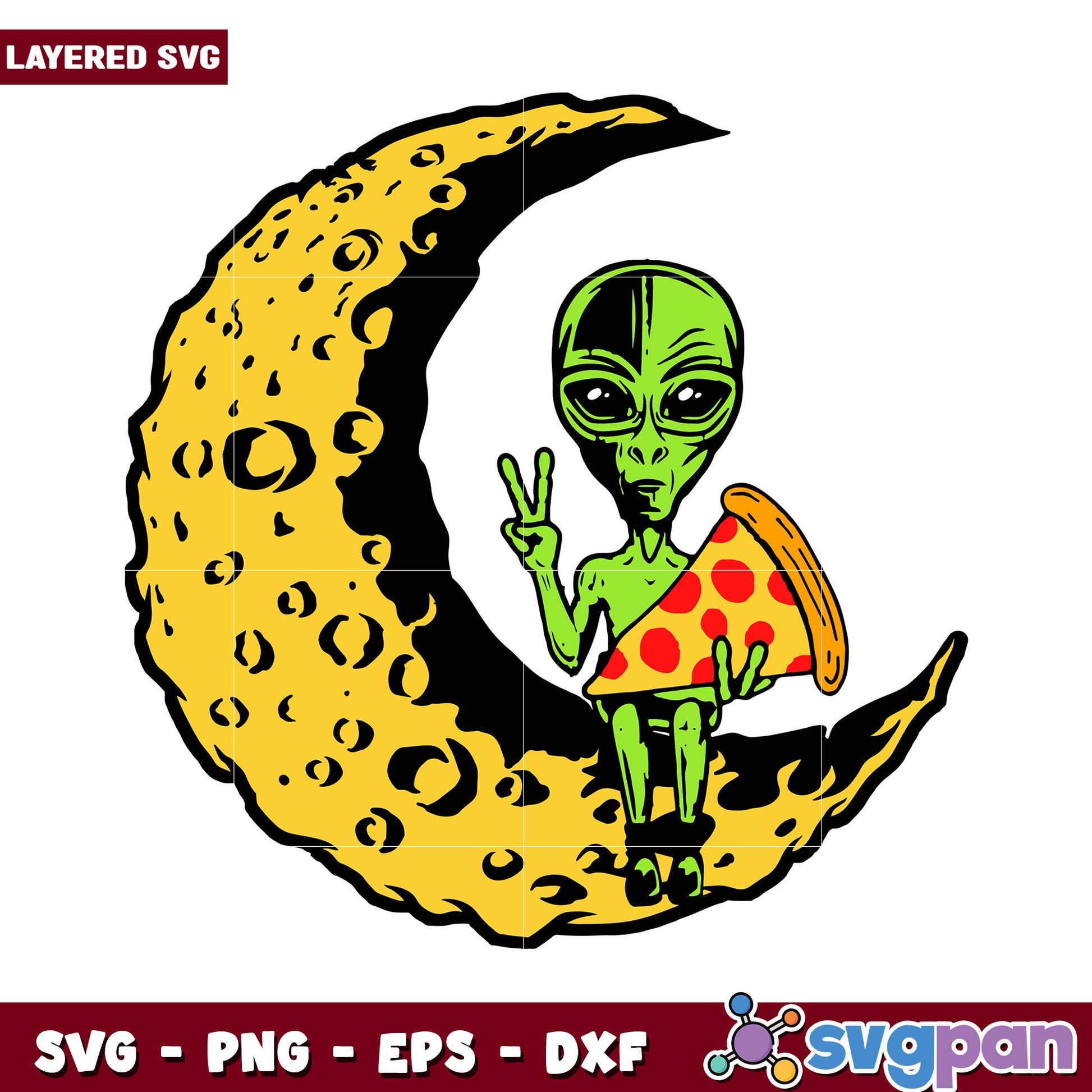 Alien Sitting on Moon with Pizza, Fun and Whimsical Design SVG