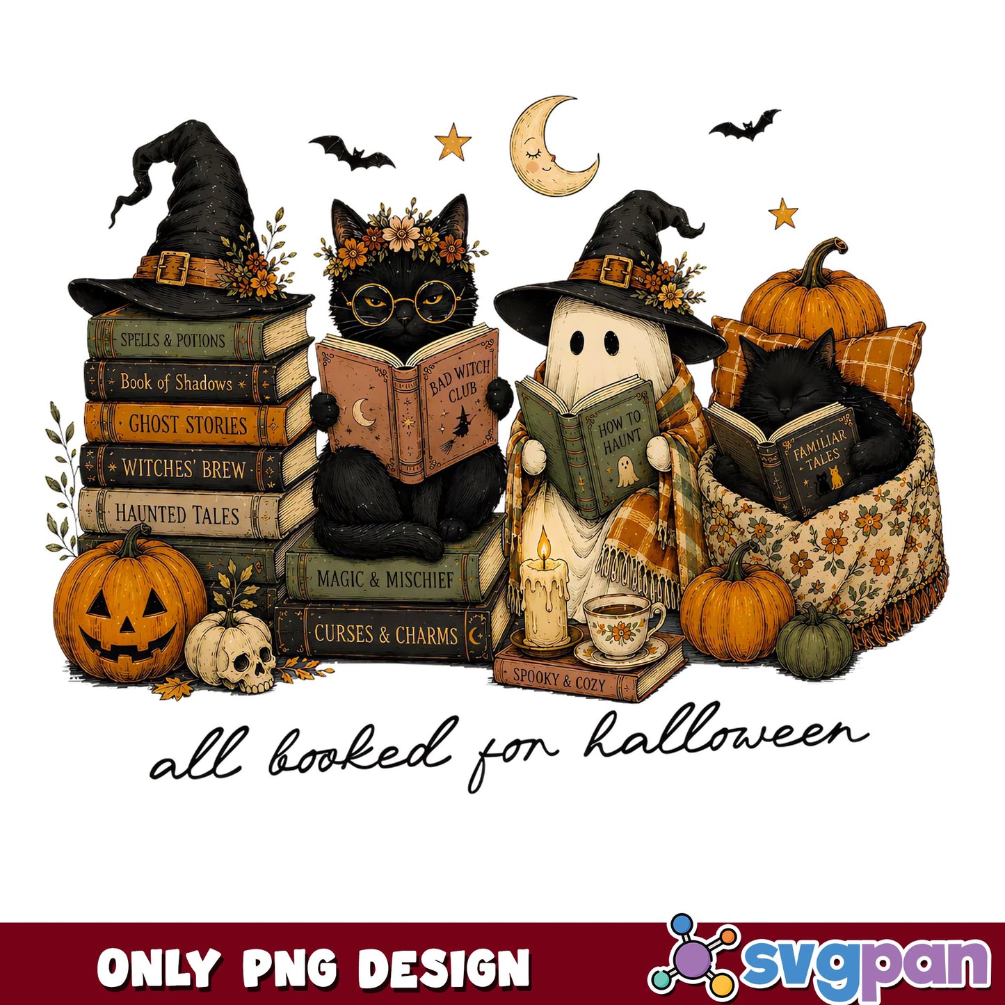 All Booked For Halloween PNG, Black Cat Ghost PNG, Spooky PNG