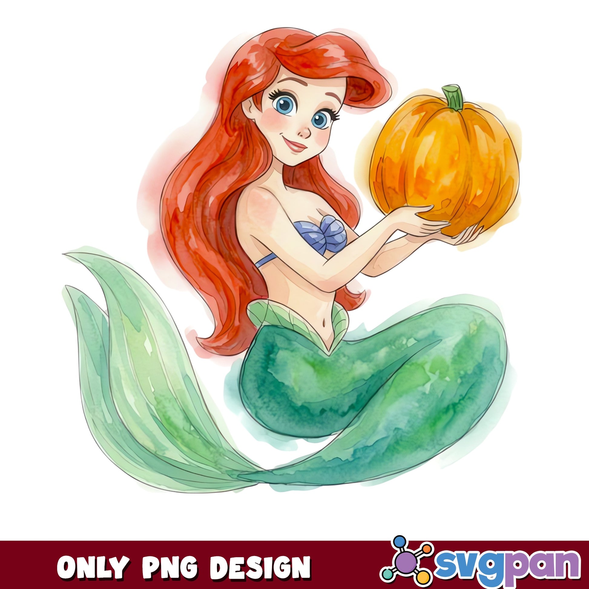 Ariel Little Mermaid Watercolor Halloween Pumpkin PNG, Disney, PNG