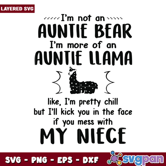 Auntie Llama SVG design, humorous saying for proud aunts and nieces