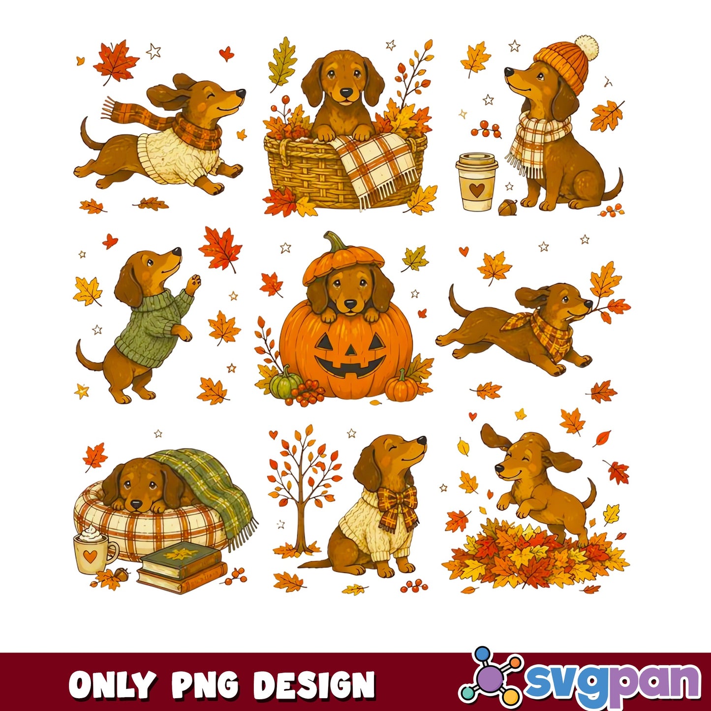 Autumn Dachshund PNG Clipart Bundle, Fall Dog PNG, Halloween PNG