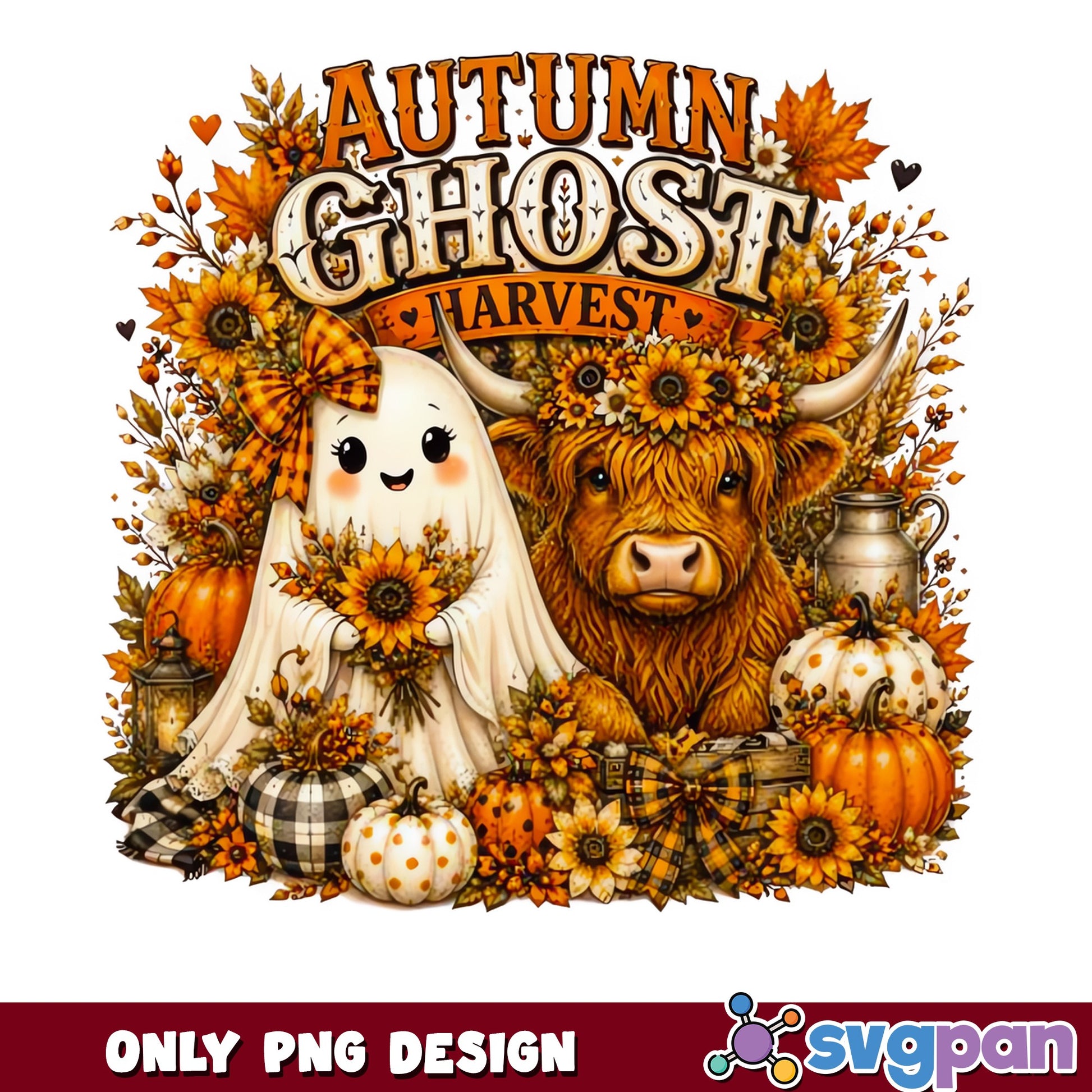 Autumn Ghost Harvest PNG, Highland Cow Fall PNG, Halloween PNG