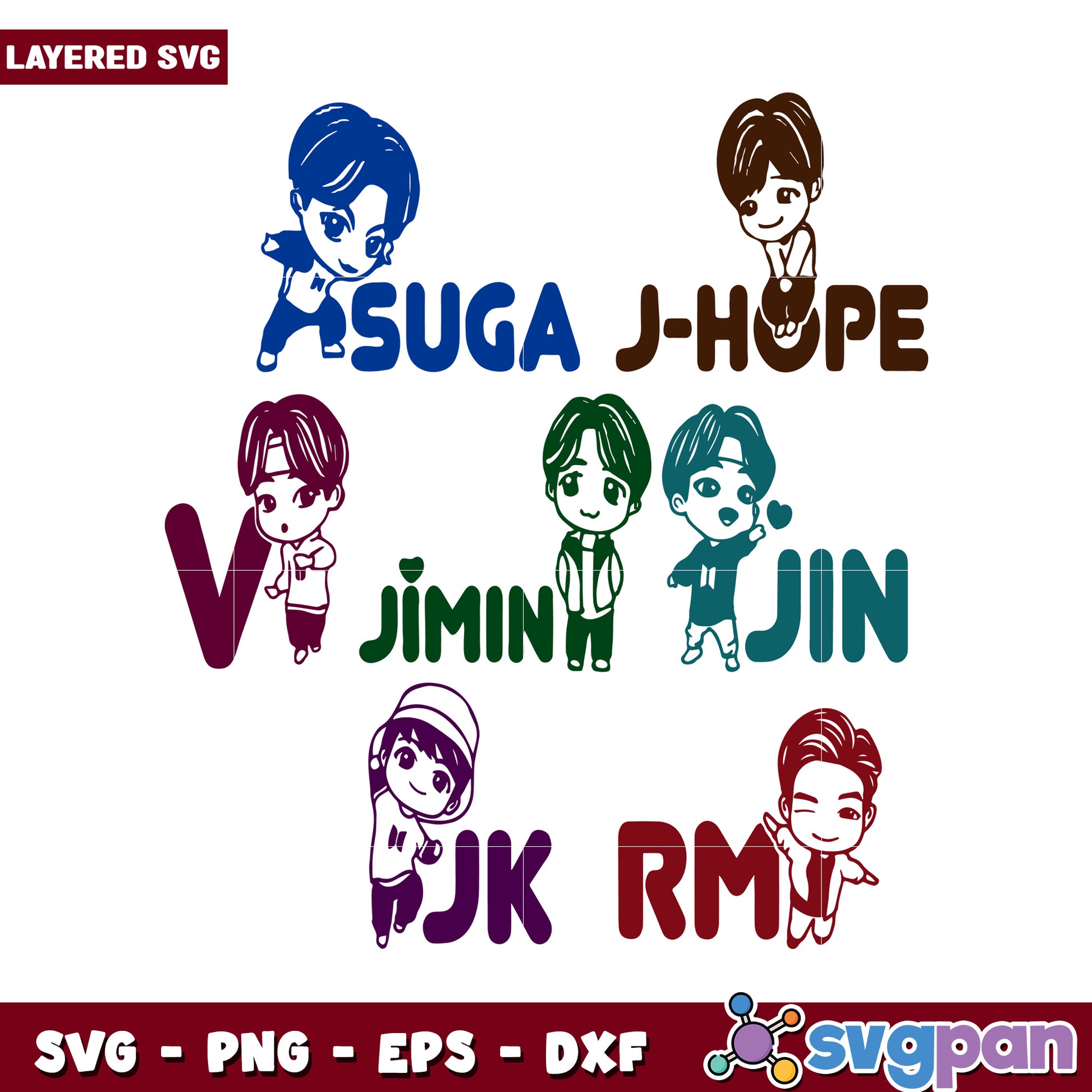 BTS Member Chibi Characters SVG Design, Perfect for Crafts and Gifts