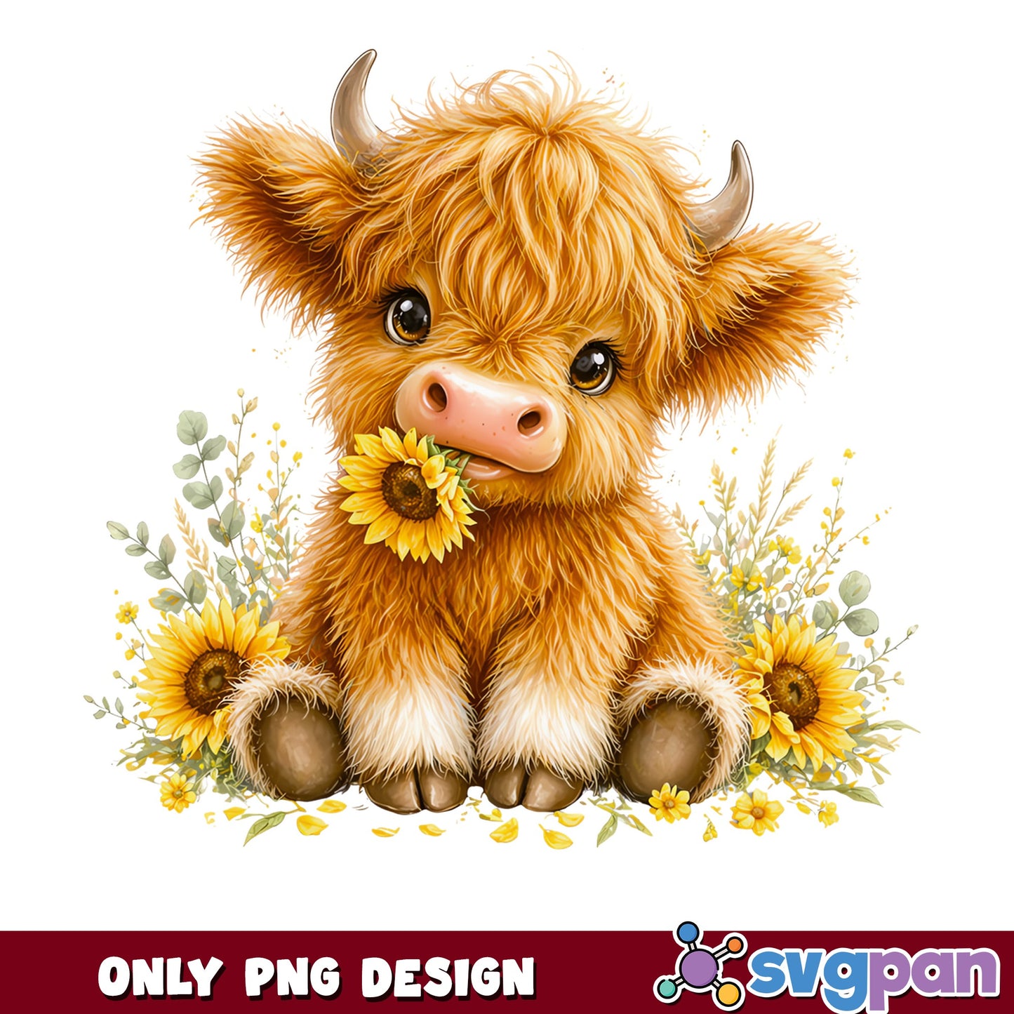 Baby Highland Cow Sunflower PNG, Cute Cow Clipart, Floral PNG