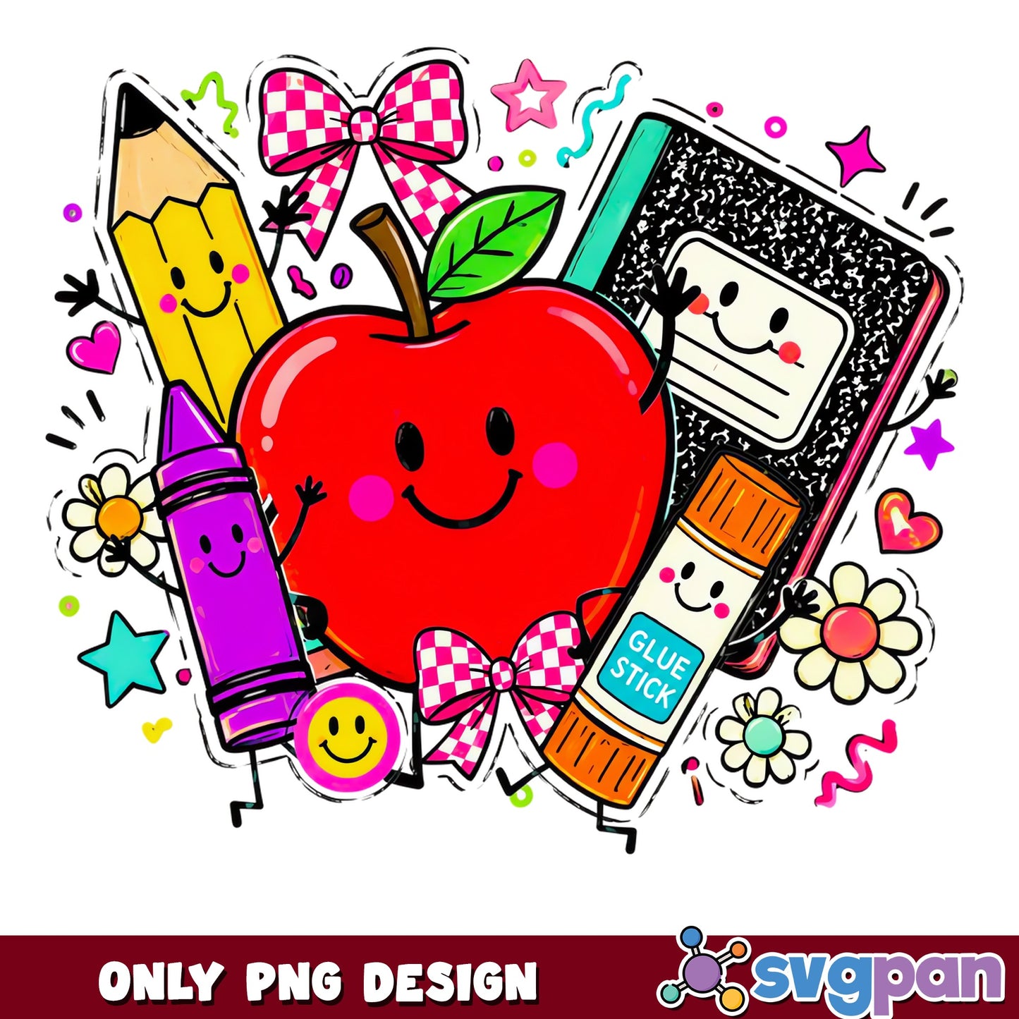 Back To School Cute Characters PNG, Teacher Apple PNG, School Supplies PNG