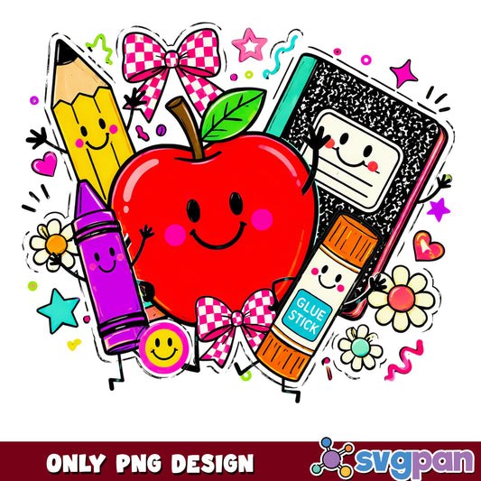 Back To School Cute Characters PNG, Teacher Apple PNG, School Supplies PNG
