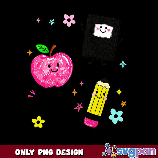 Back To School PNG, Cute Apple Pencil Notebook PNG, Teacher PNG