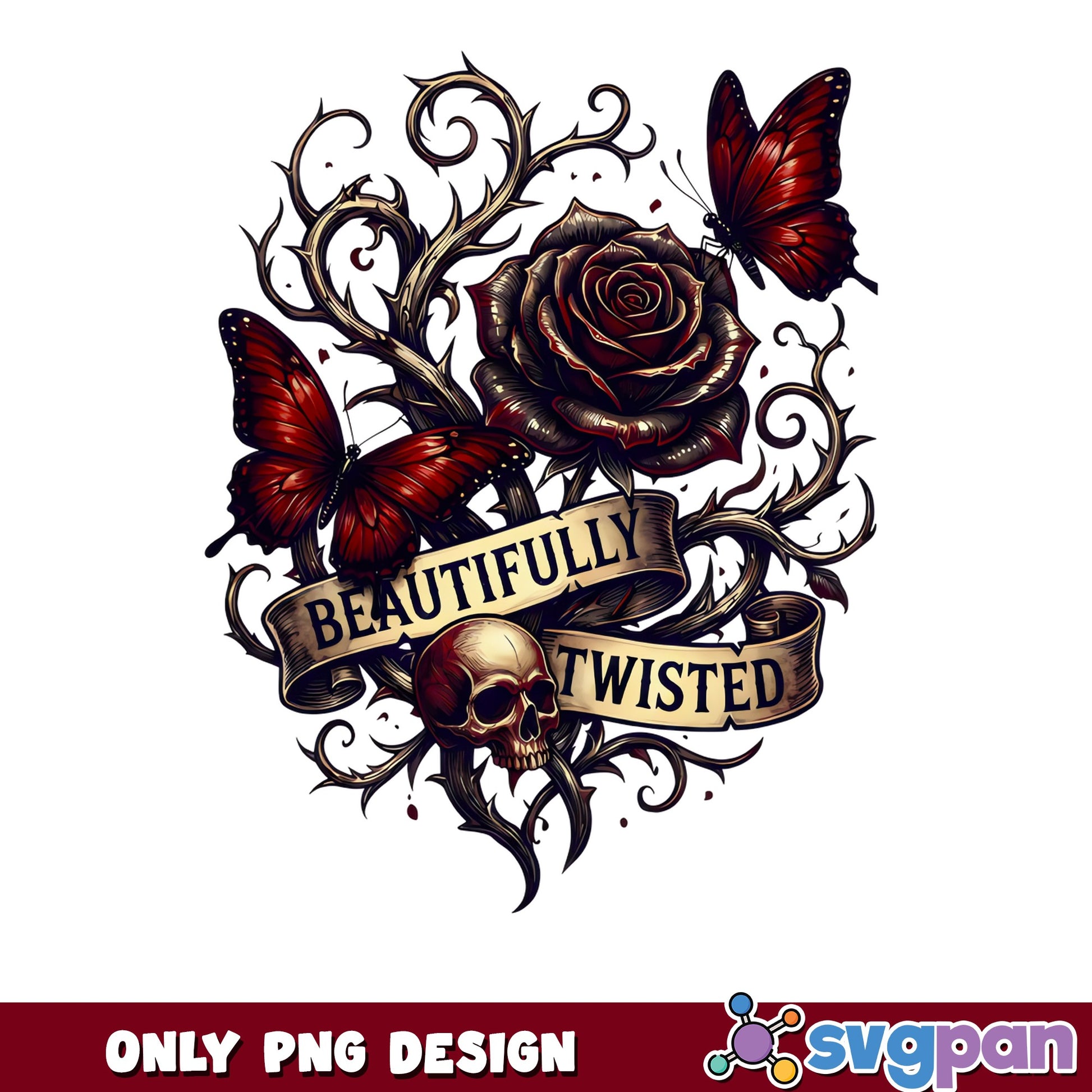 Beautifully Twisted Rose Skull PNG, Gothic Butterfly PNG, Dark Floral PNG