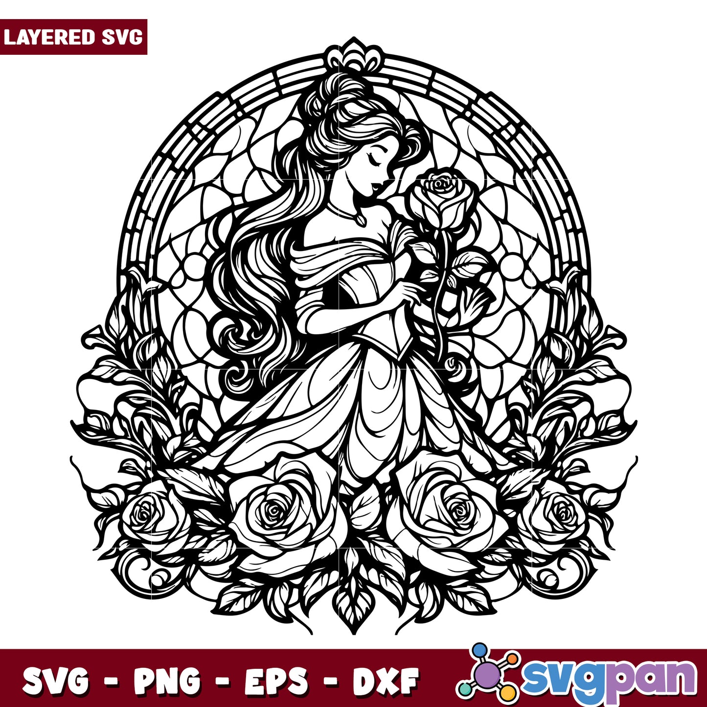 Belle Rose SVG, Princess Coloring Page