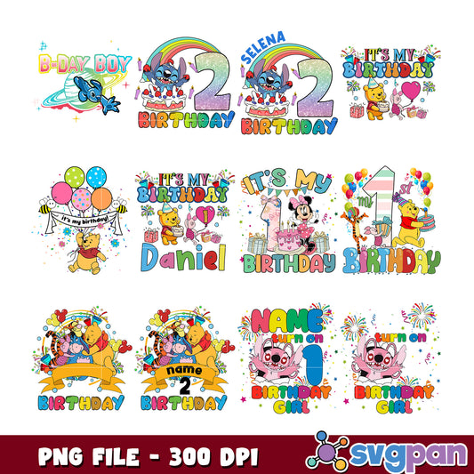 Birthday SVG Bundle Disney Winnie the Pooh & Stitch Designs