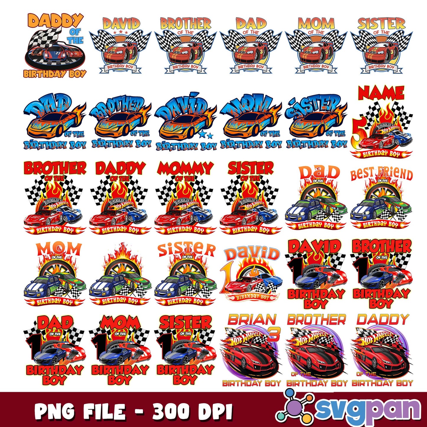 Birthday boys family cars png bundle