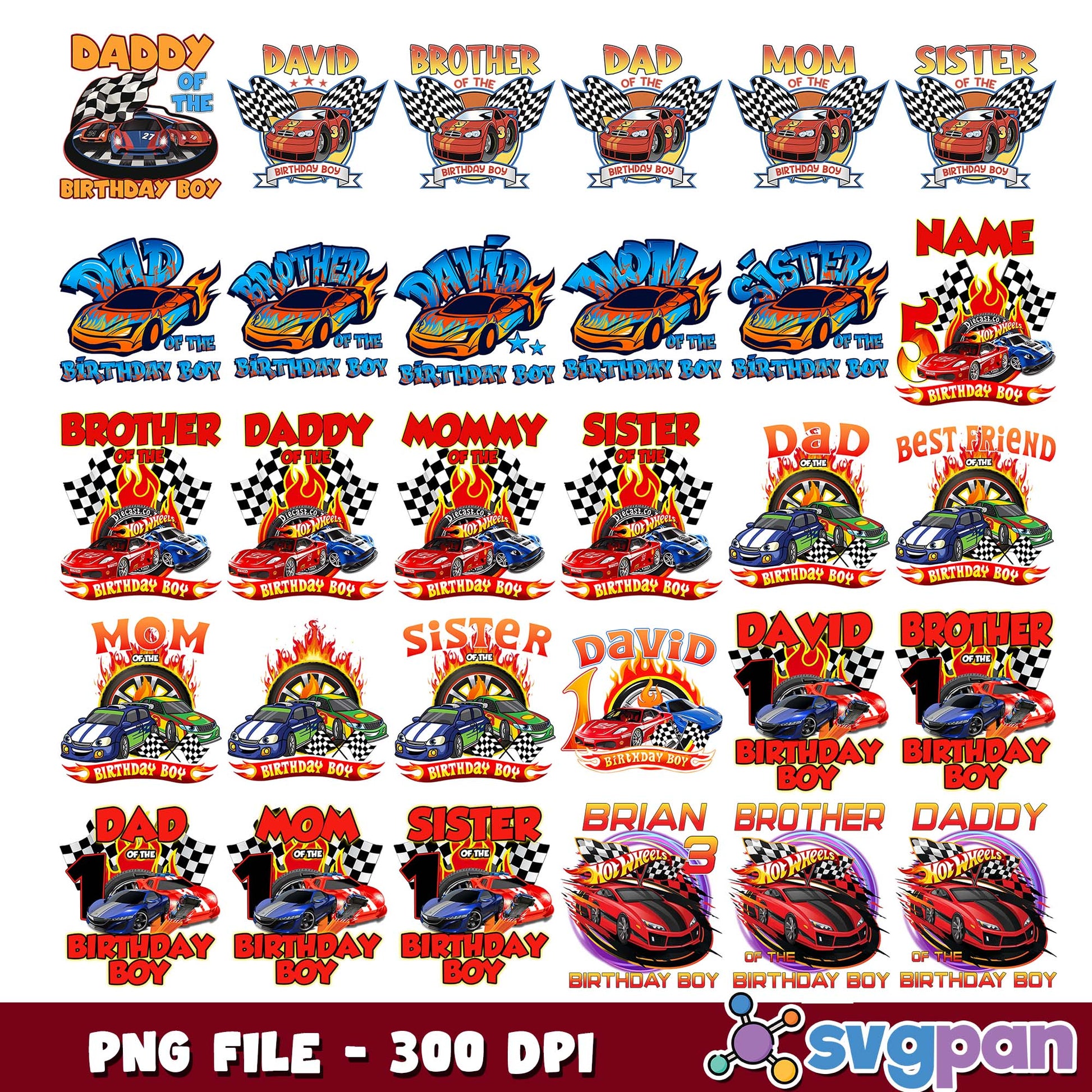 Birthday boys family cars png bundle