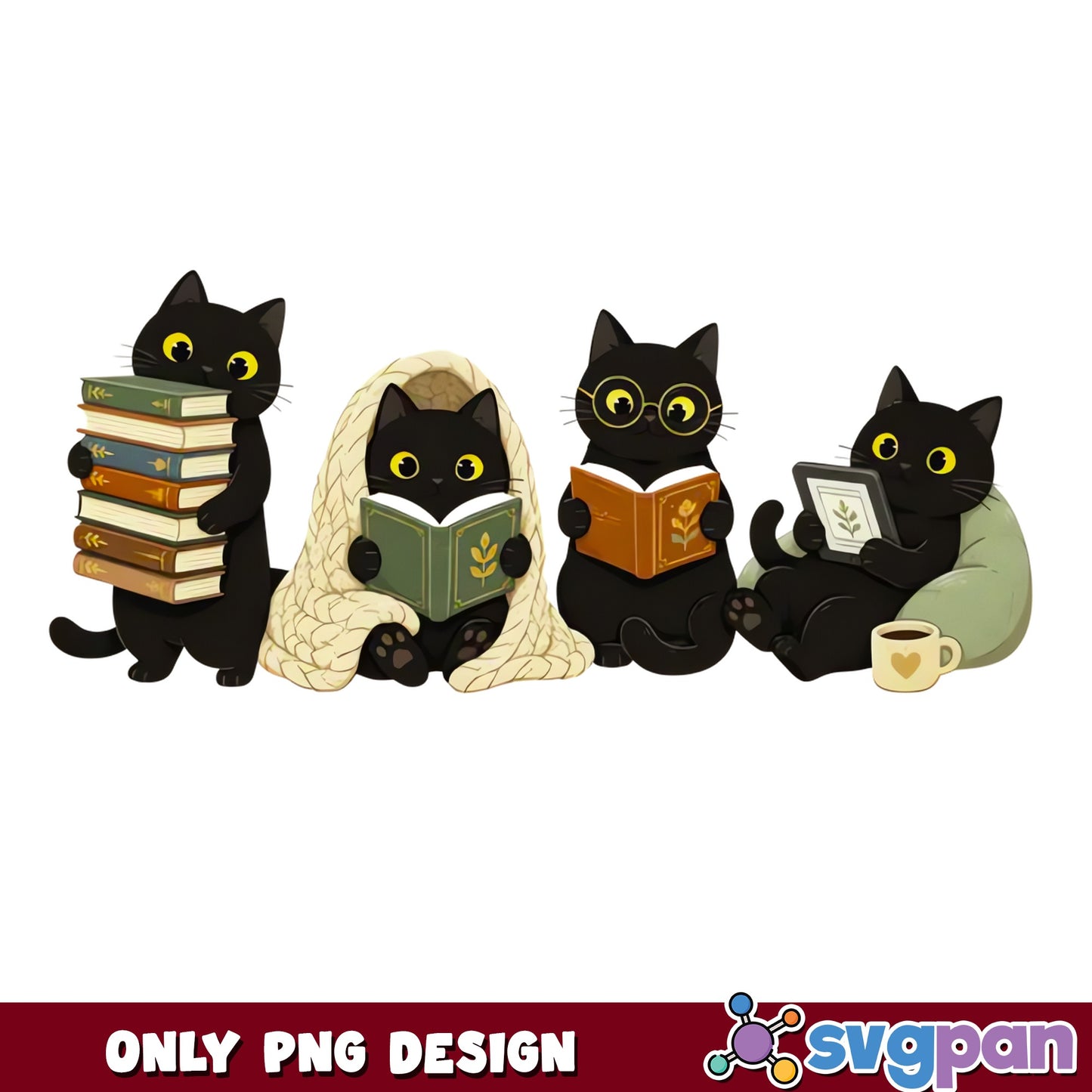 Black Cat Book Lover PNG, Cozy Reading Cat PNG, Cat Lover PNG