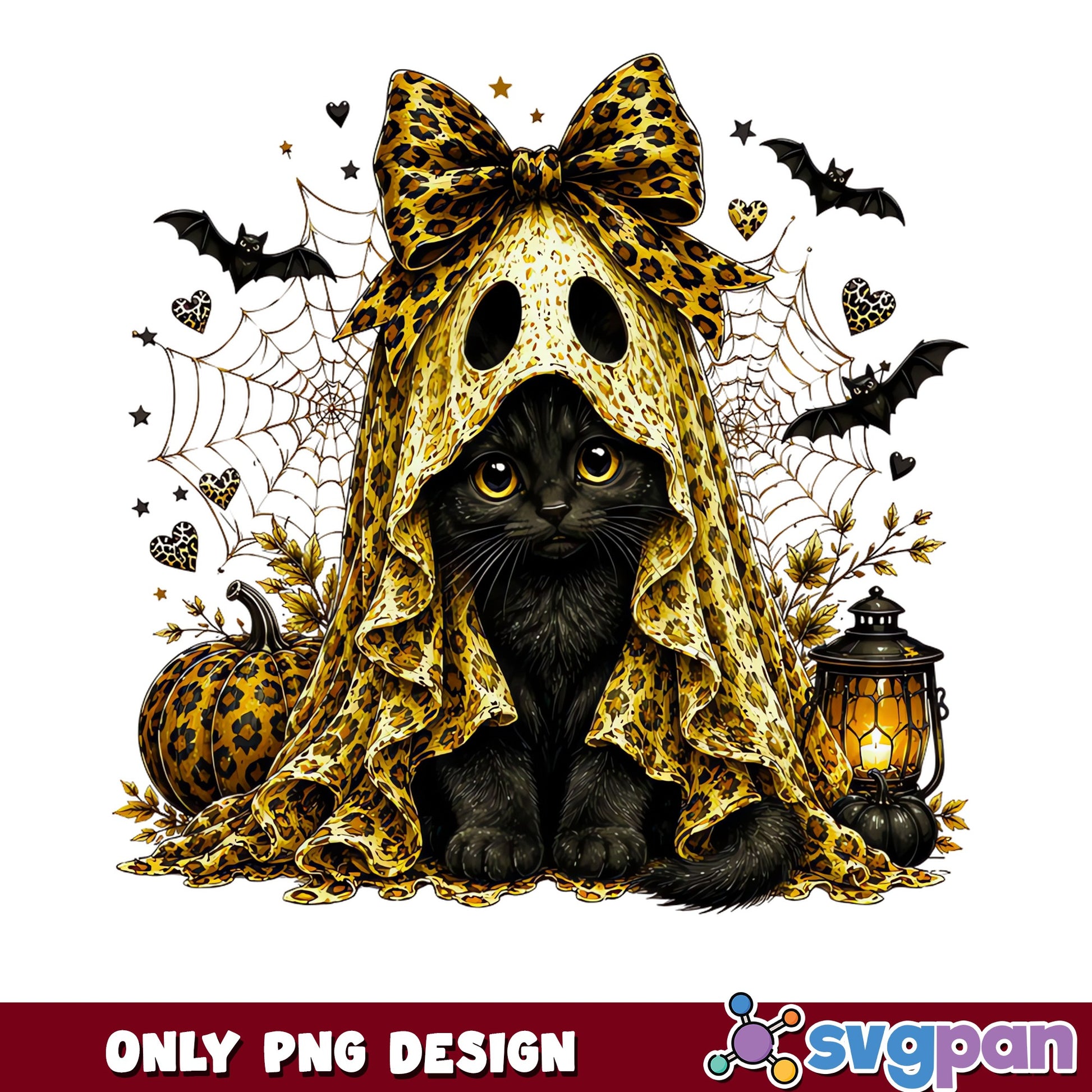 Black Cat Ghost Leopard Print PNG, Halloween Cat PNG, Spooky PNG