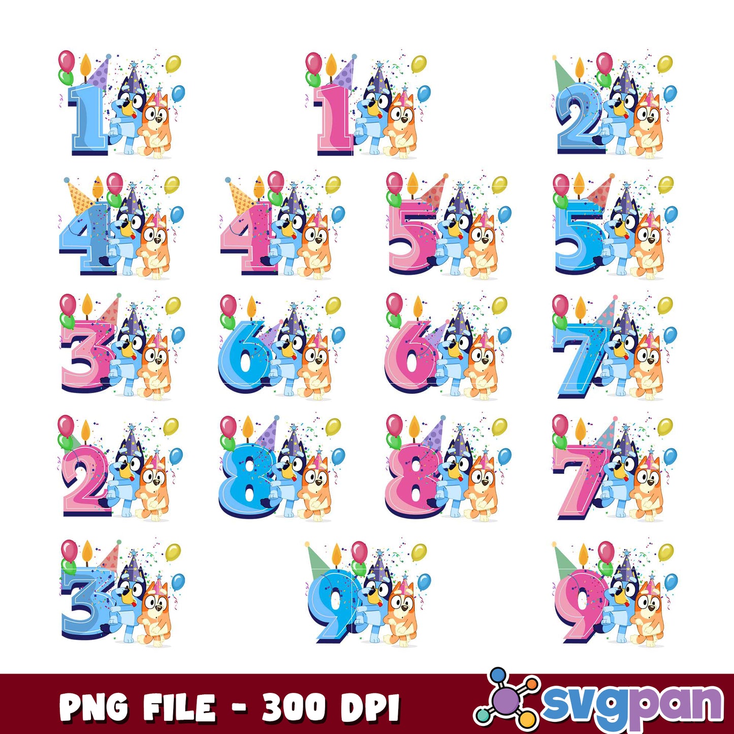Bluey Birthday Numbers PNG Bundle