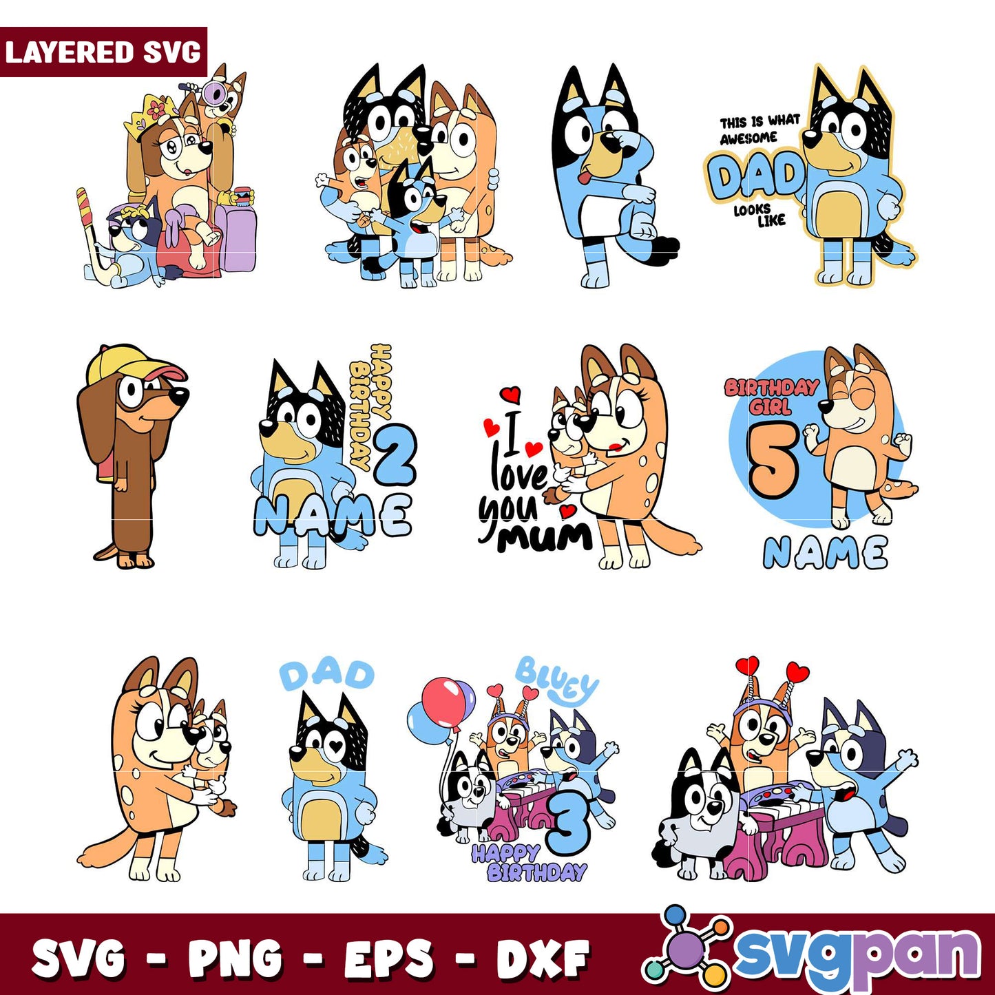 Bluey Family SVG Bundle Layered PNG, EPS, DXF