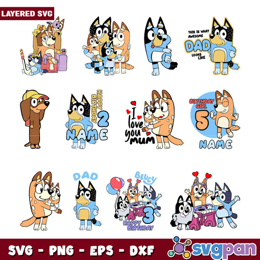 Bluey Family SVG Bundle Layered PNG, EPS, DXF