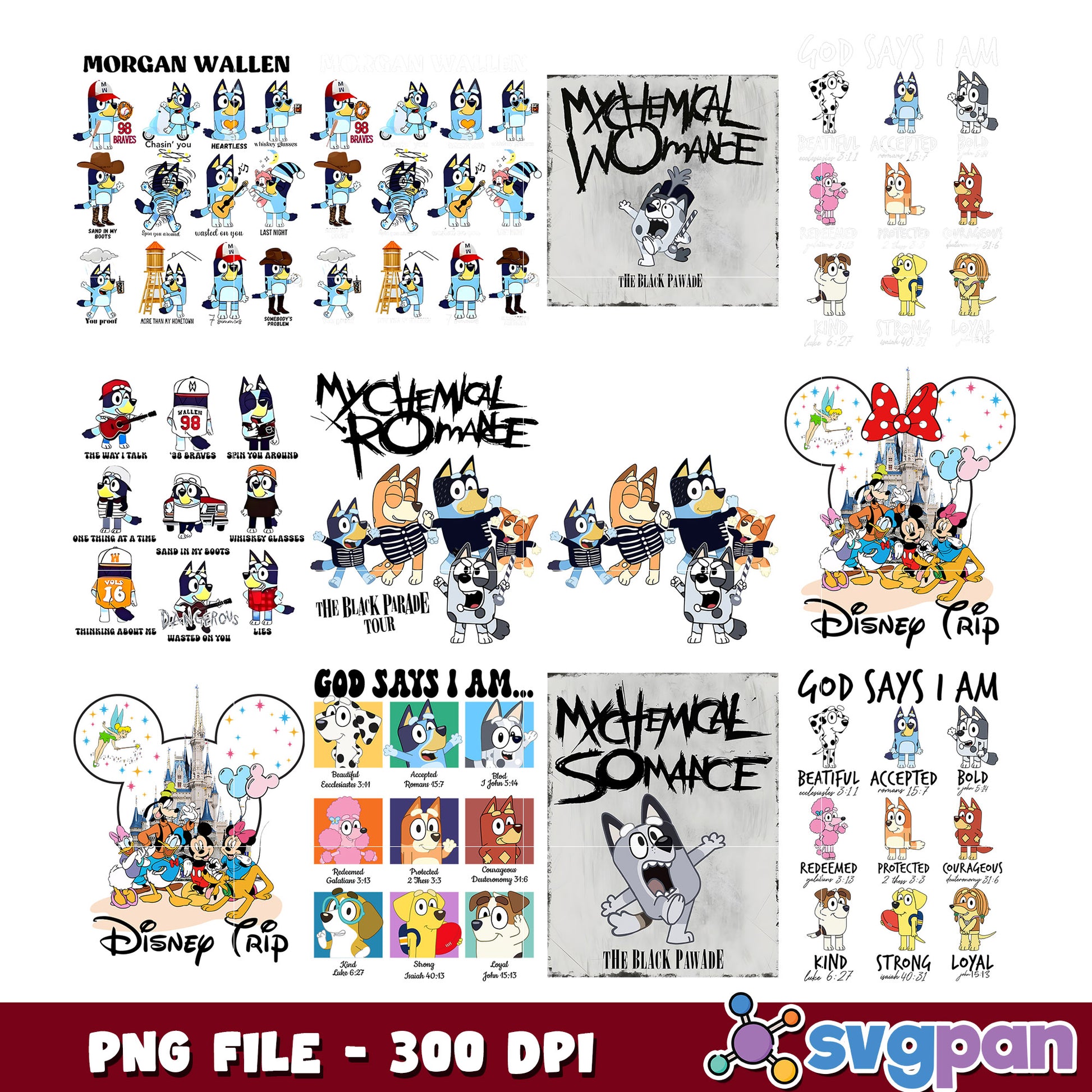 Bluey PNG Bundle Morgan Wallen, MCR, Disney