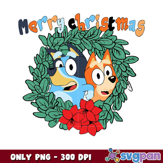 Bluey and bingo mery christmas png, christmas wreath​ png