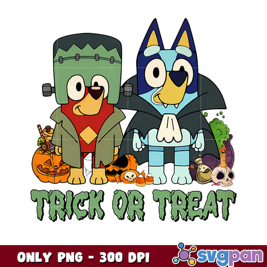 Bluey and bingo trick or treat halloween design png, bluey cartoon png