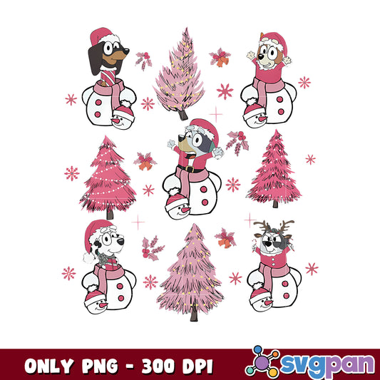 Bluey and family pink christmas tree png, santa christmas png