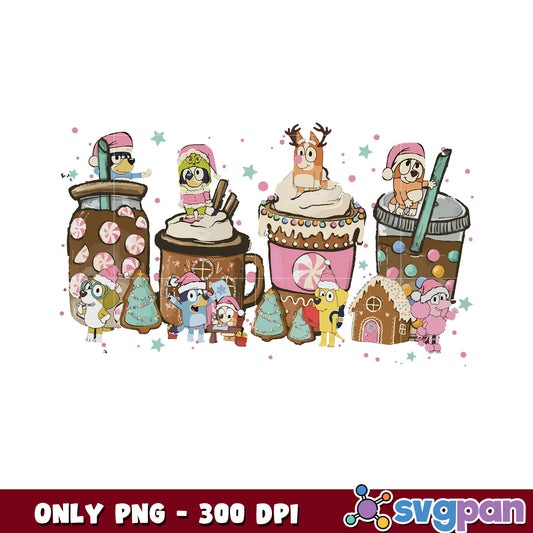 Bluey and friends coffee christmas png, pink christmas png, bluey png