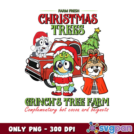 Bluey and grinch tree farm christmas png, bluey friends png