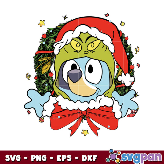 Bluey and grinch wreath christmas svg, bluey christmas svg