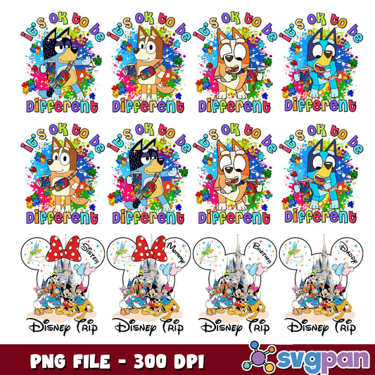 Bluey autism x disney trip png bundle