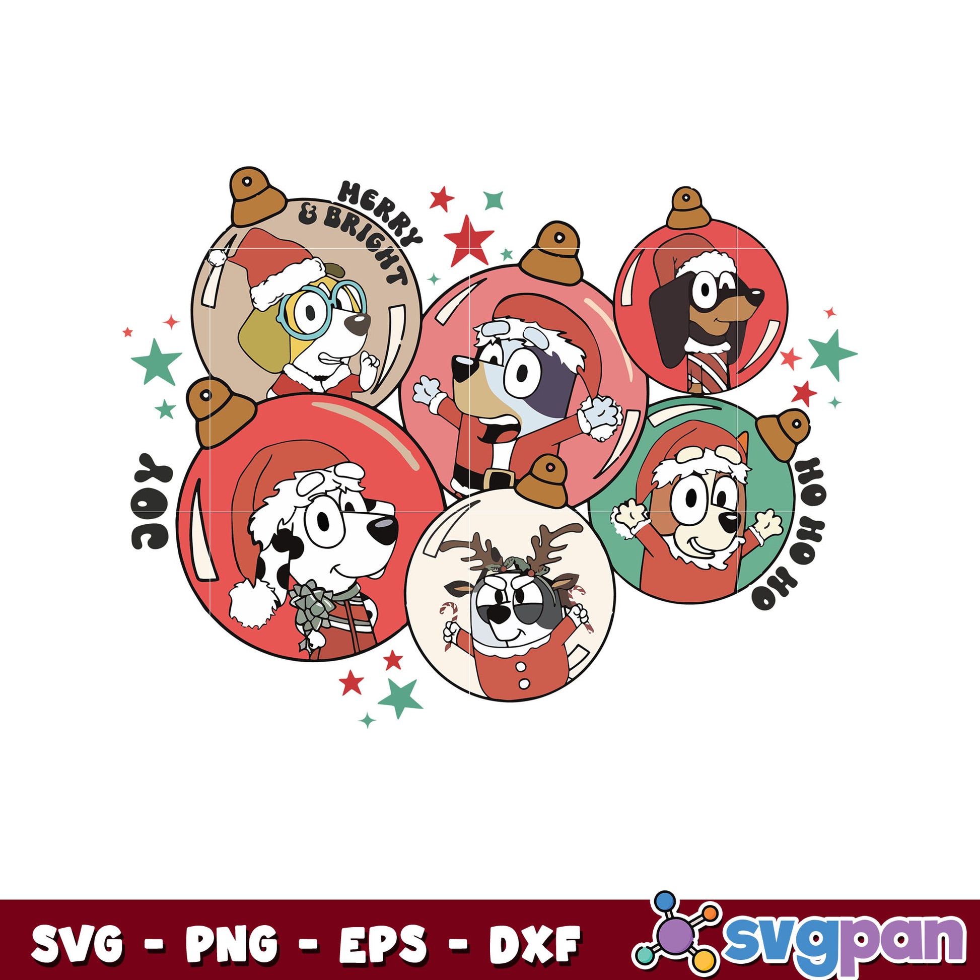 Bluey christmas family merry and bright svg, bluey friends svg