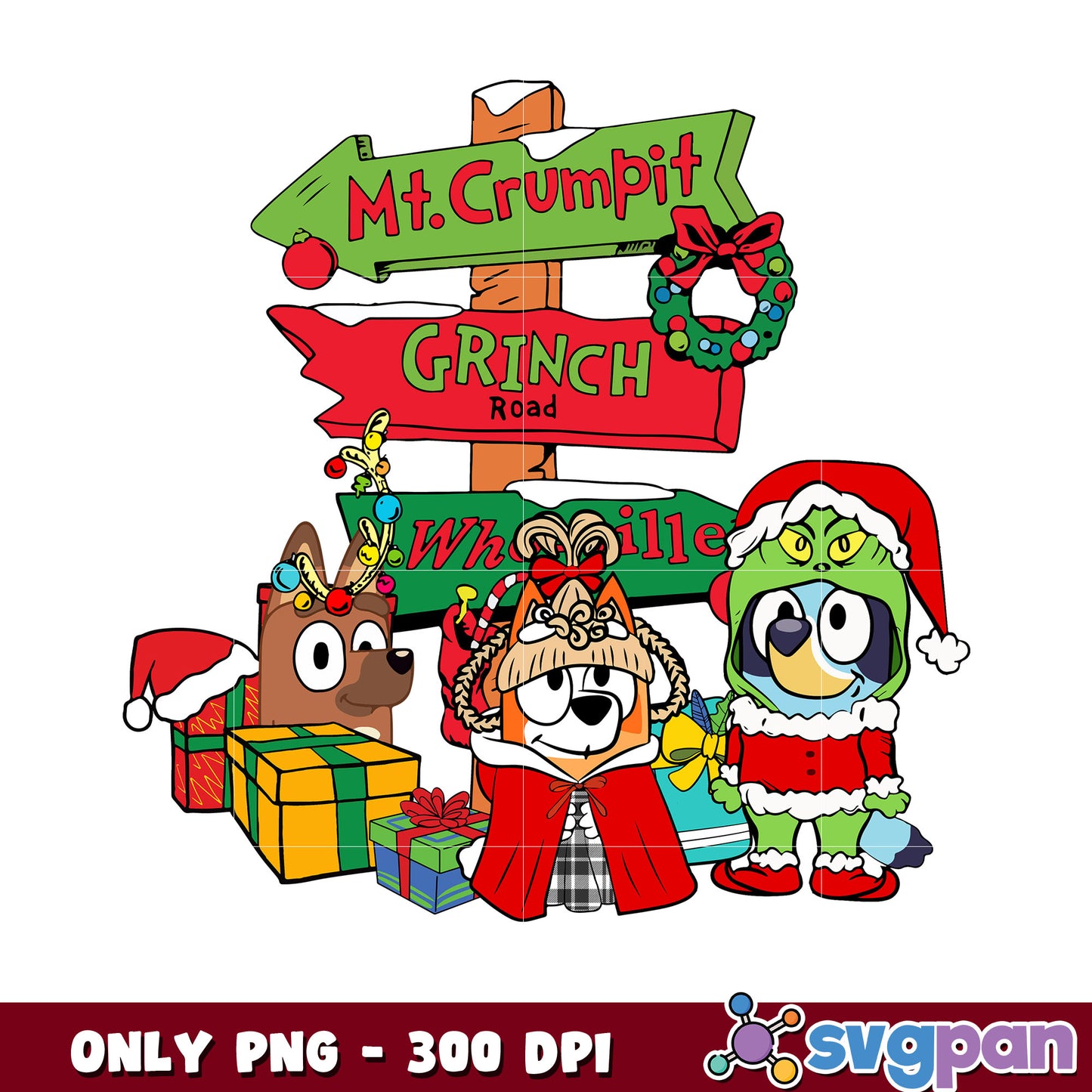 Bluey dog and friends christmas png, grinch christmas png, christmas png