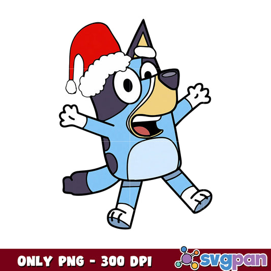 Bluey dog christmas hat png, blue in character png, bluey christmas png