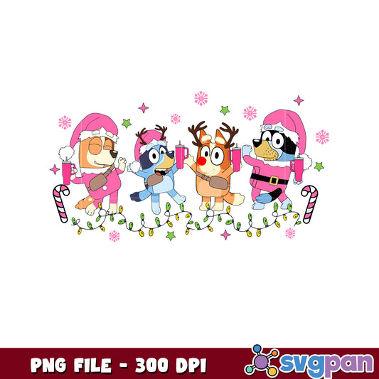 Bluey family pink costume png, christmas​ lights png, bluey christmas png