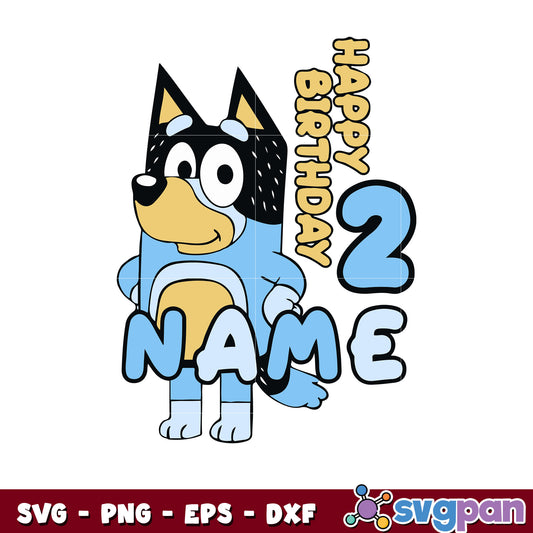 Bluey happy birthday 2 name design svg, bluey character svg