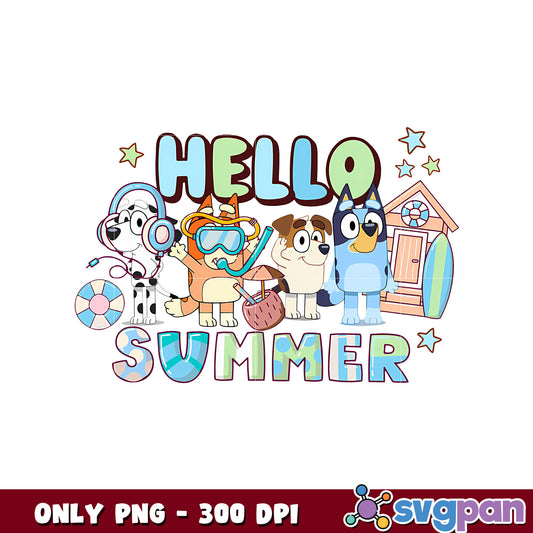 Bluey hello summer design png, bluey friends png, bluey cartoon png