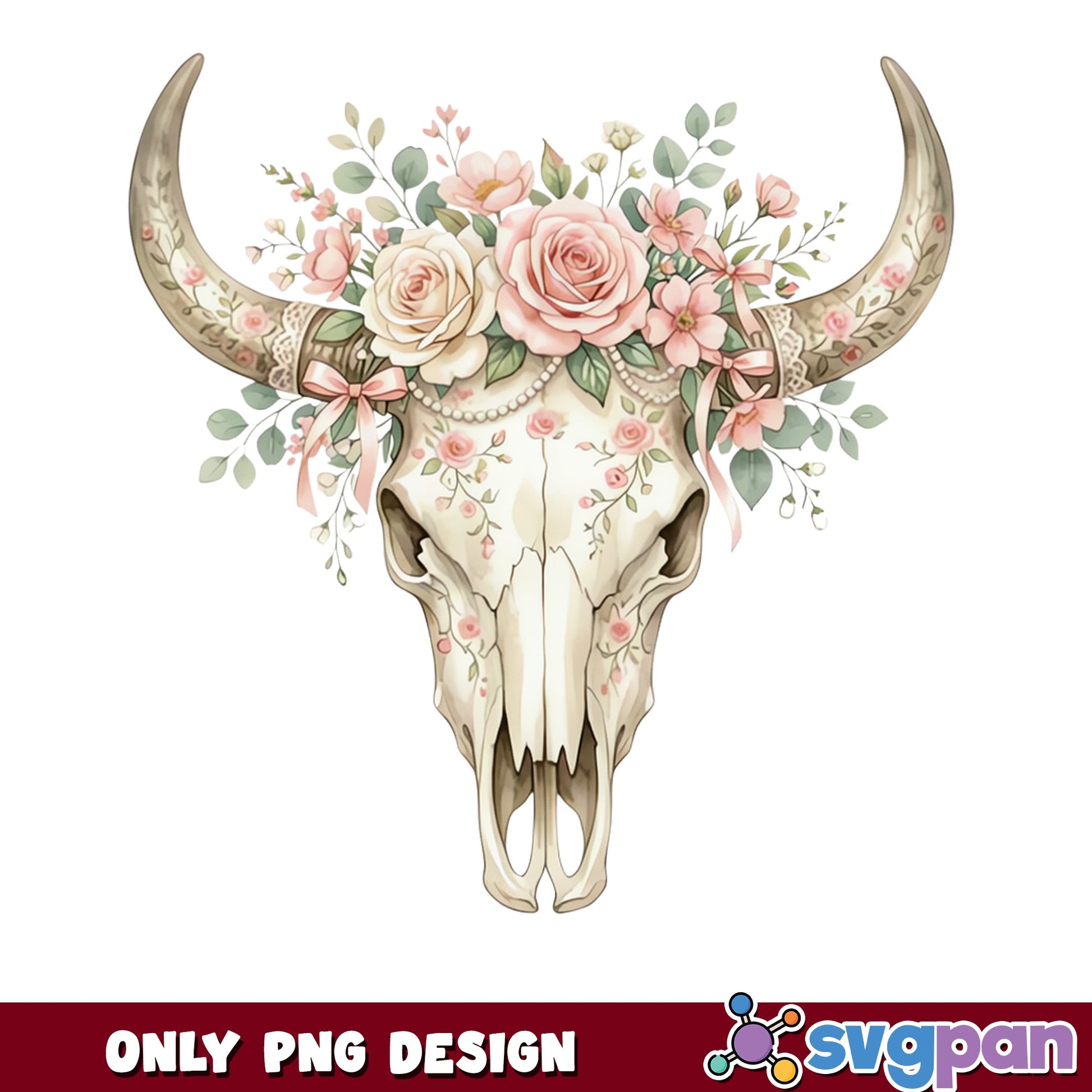 Boho Floral Bull Skull PNG, Western Cow Skull PNG, Coquette PNG