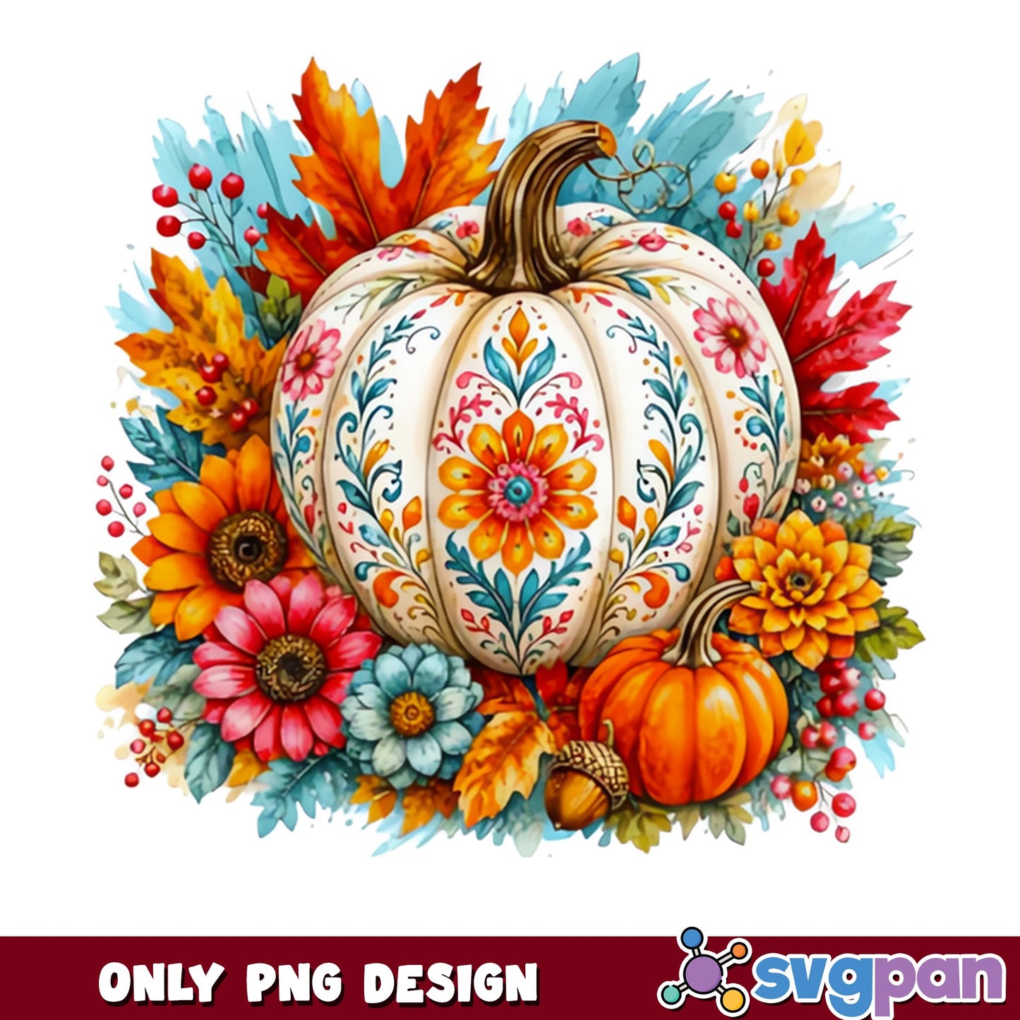Boho Floral Pumpkin PNG, Fall Autumn Sublimation PNG, Thanksgiving PNG
