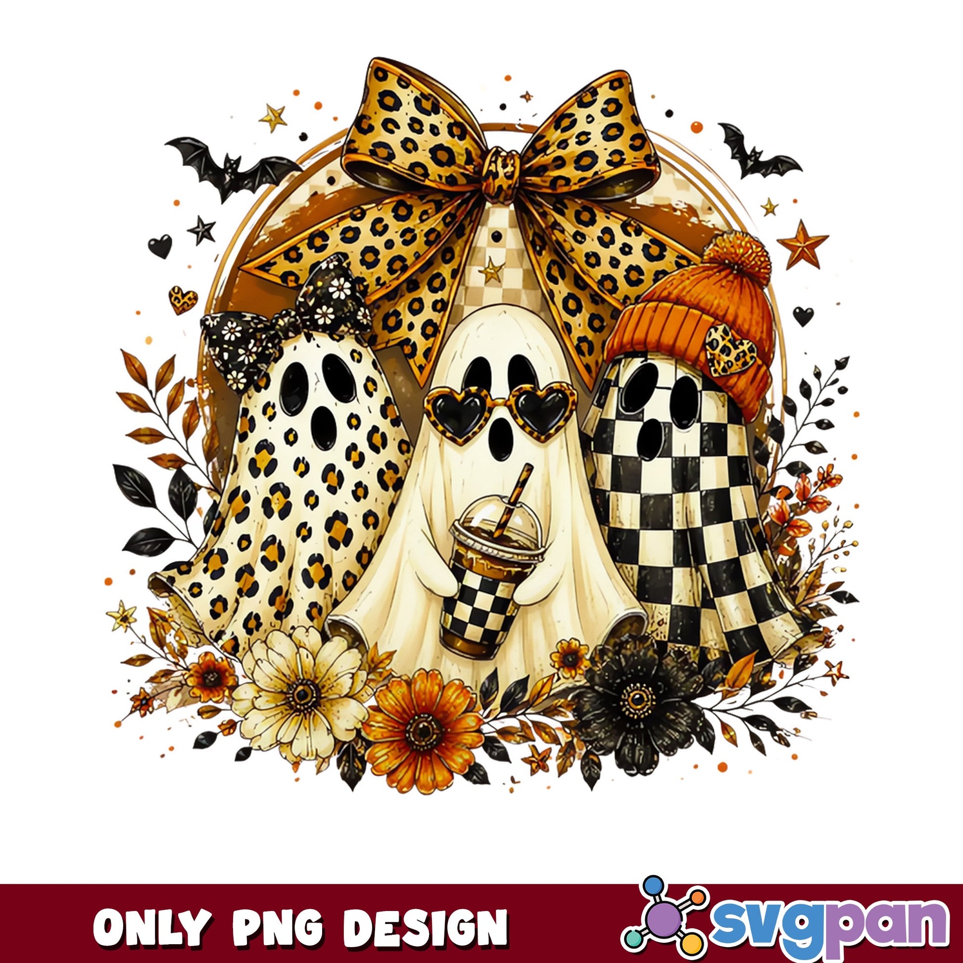 Boho Ghost Halloween PNG, Leopard Checkered Ghost PNG, Spooky PNG