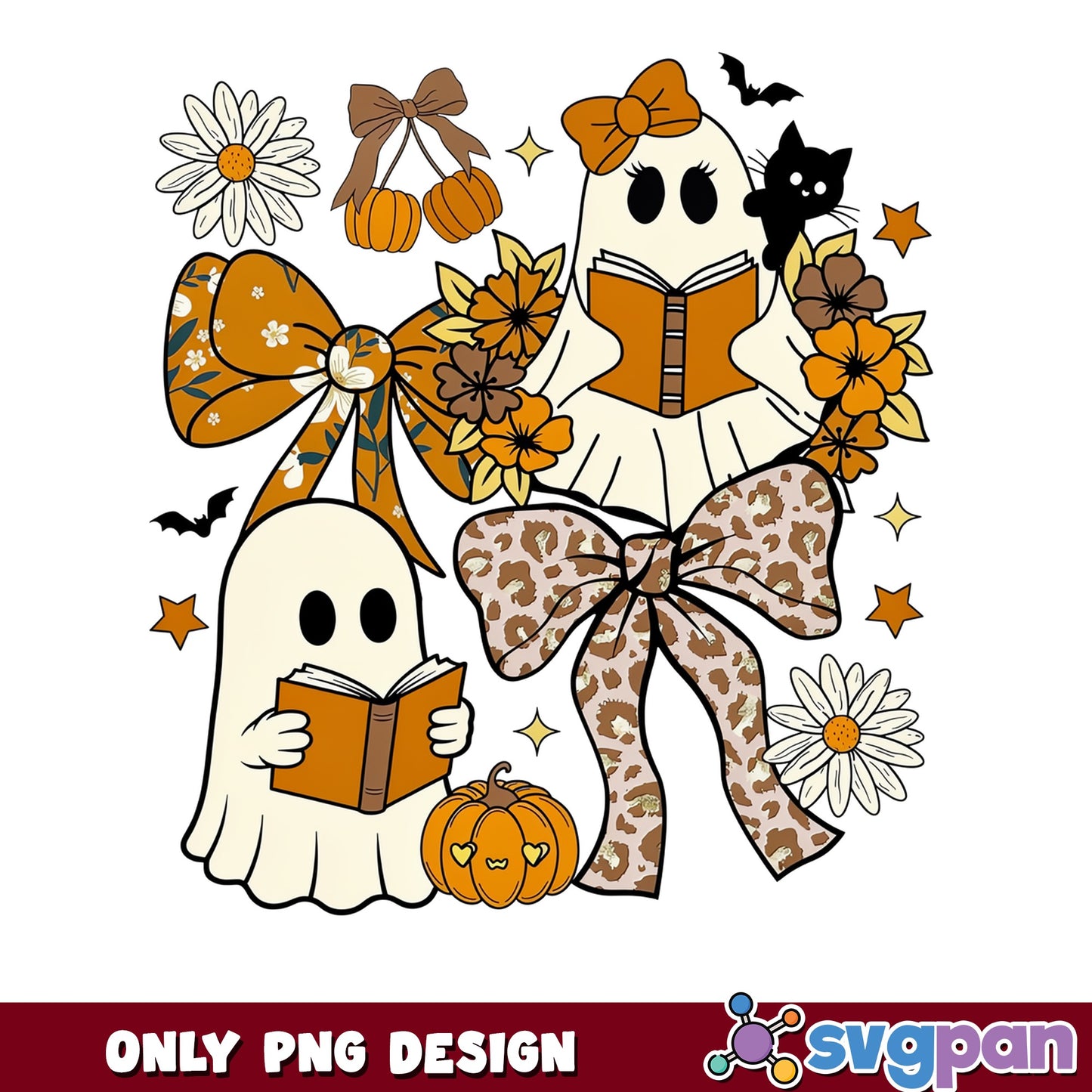 Boho Ghost Reading Book Halloween PNG, Coquette Ghost PNG, Fall PNG