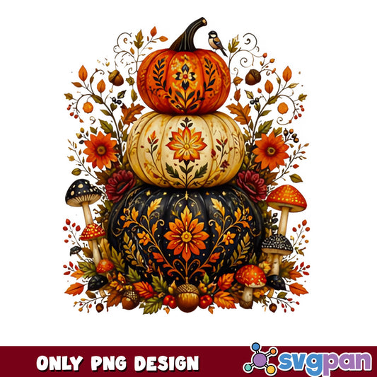 Boho Stacked Pumpkins PNG, Fall Floral Pumpkin PNG, Autumn PNG