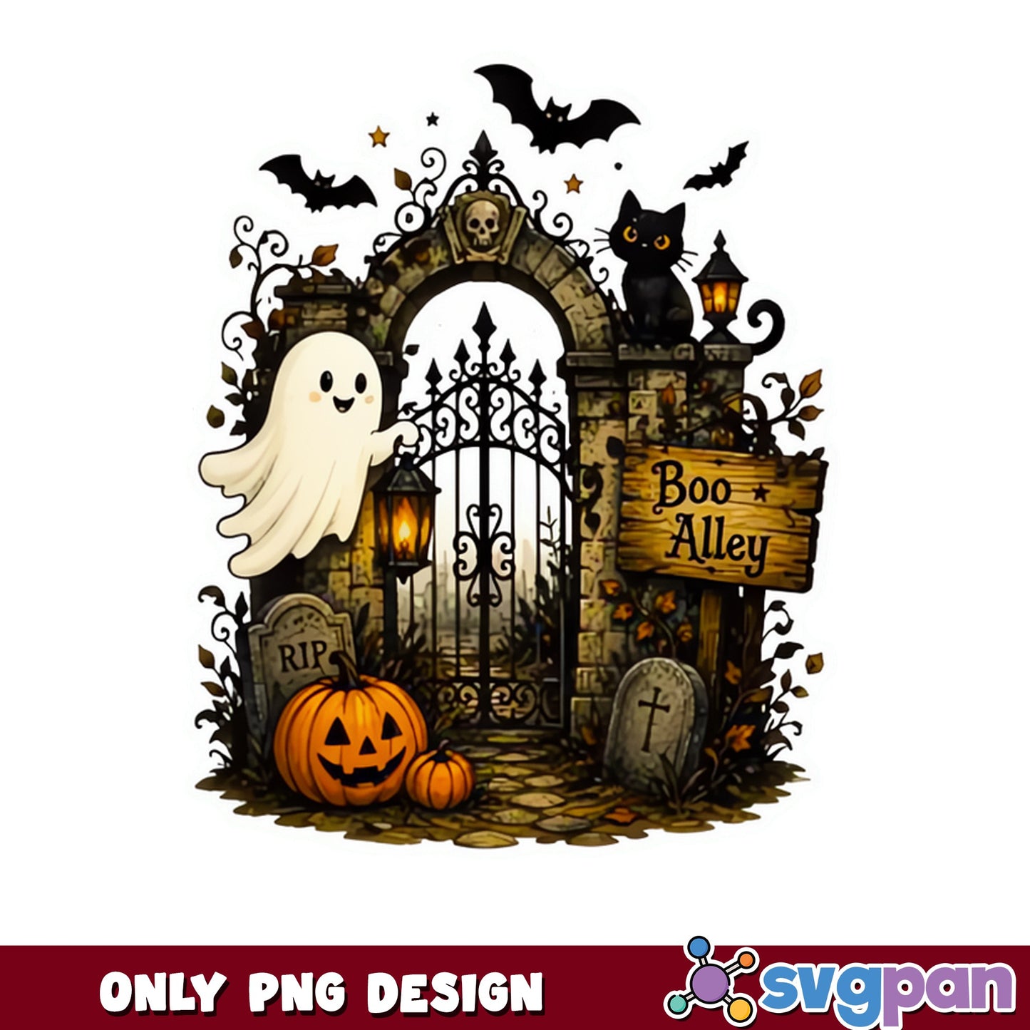 Boo Alley Halloween Ghost PNG, Spooky Gate PNG, Halloween PNG