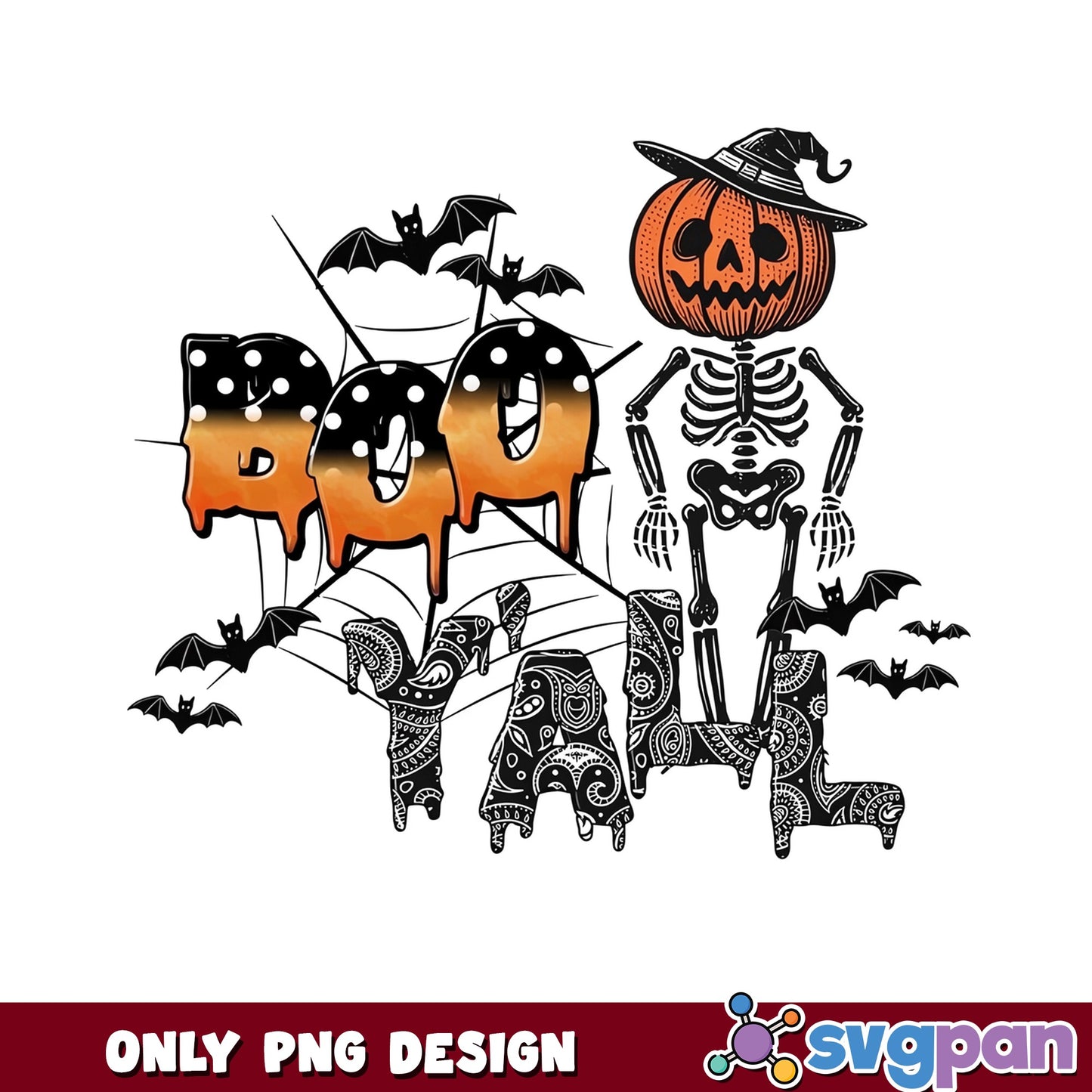 Boo Halloween Skeleton Pumpkin PNG, Spooky Bats PNG, Halloween PNG