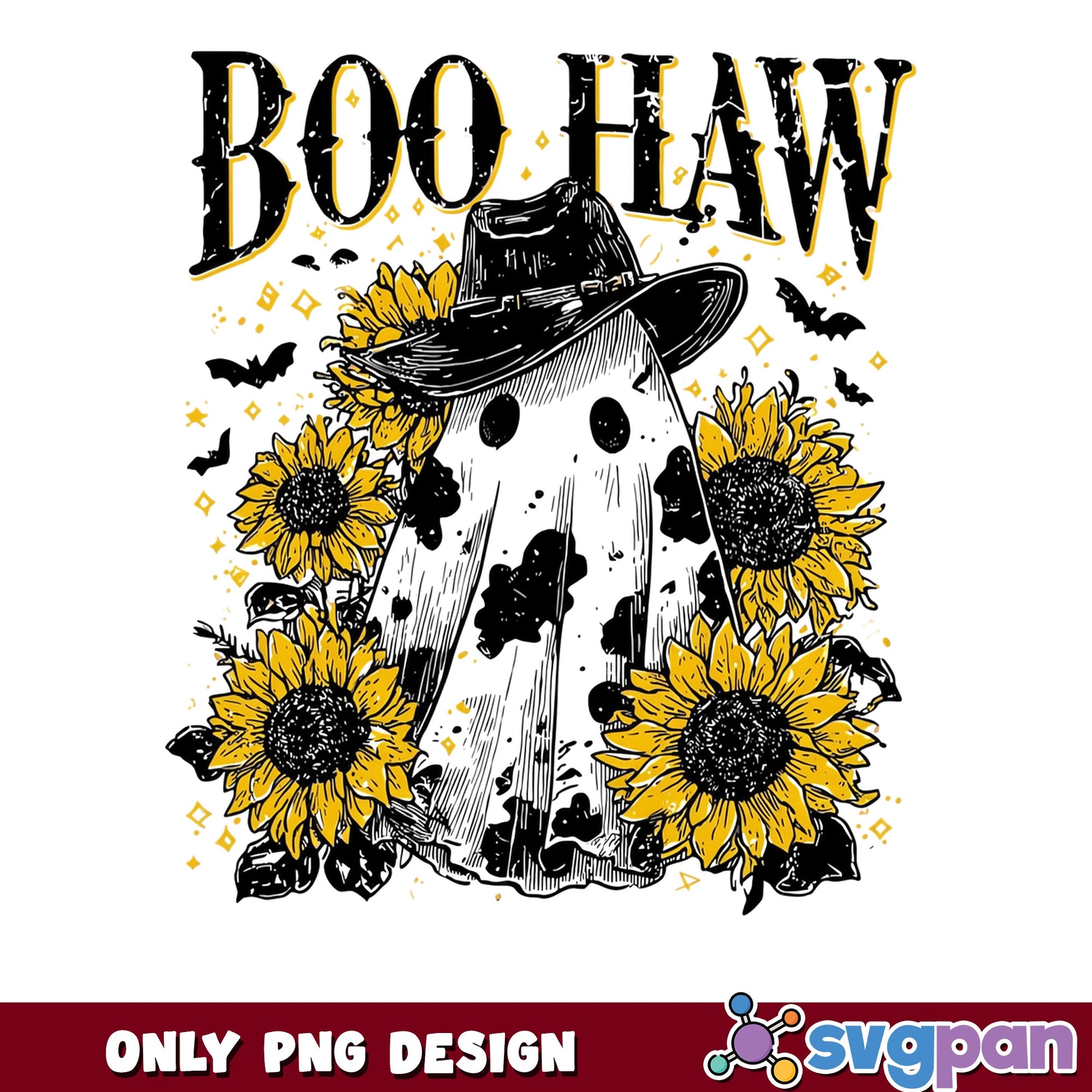 Boo Haw Ghost Halloween PNG, Cowboy Ghost Sunflower, Halloween PNG