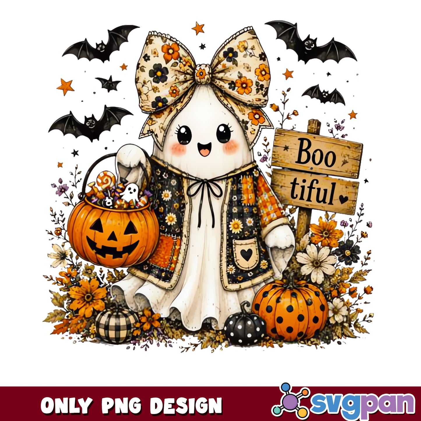 Boo Tiful Cute Ghost Halloween PNG, Ghost Pumpkin PNG, Halloween PNG