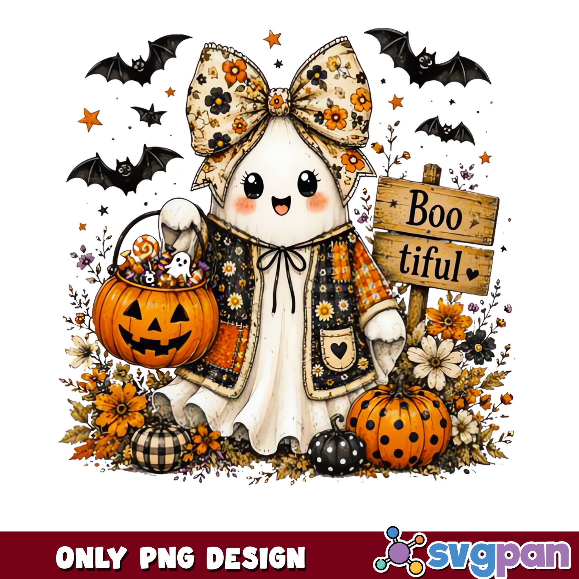 Boo Tiful Cute Ghost Halloween PNG, Ghost Pumpkin PNG, Halloween PNG