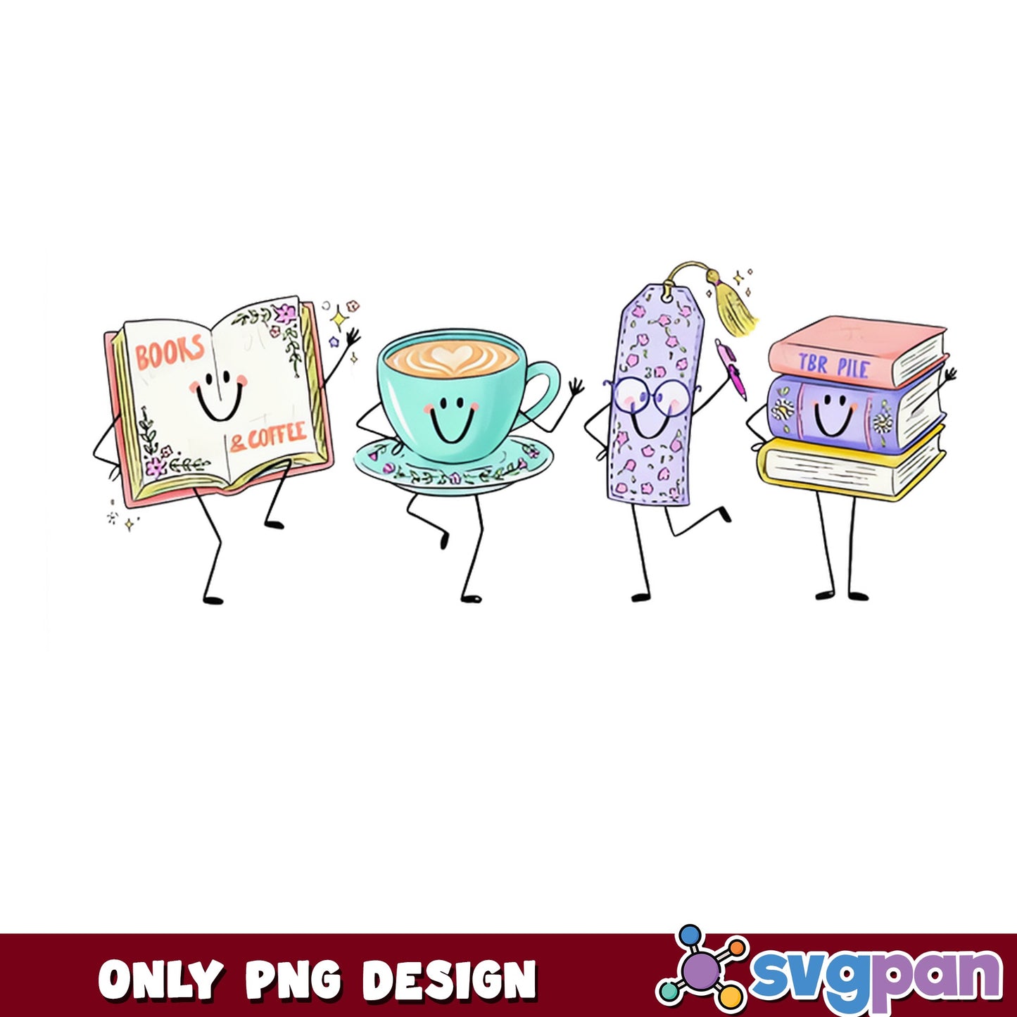 Books And Coffee Cute Characters PNG, Book Lover PNG, TBR Pile PNG