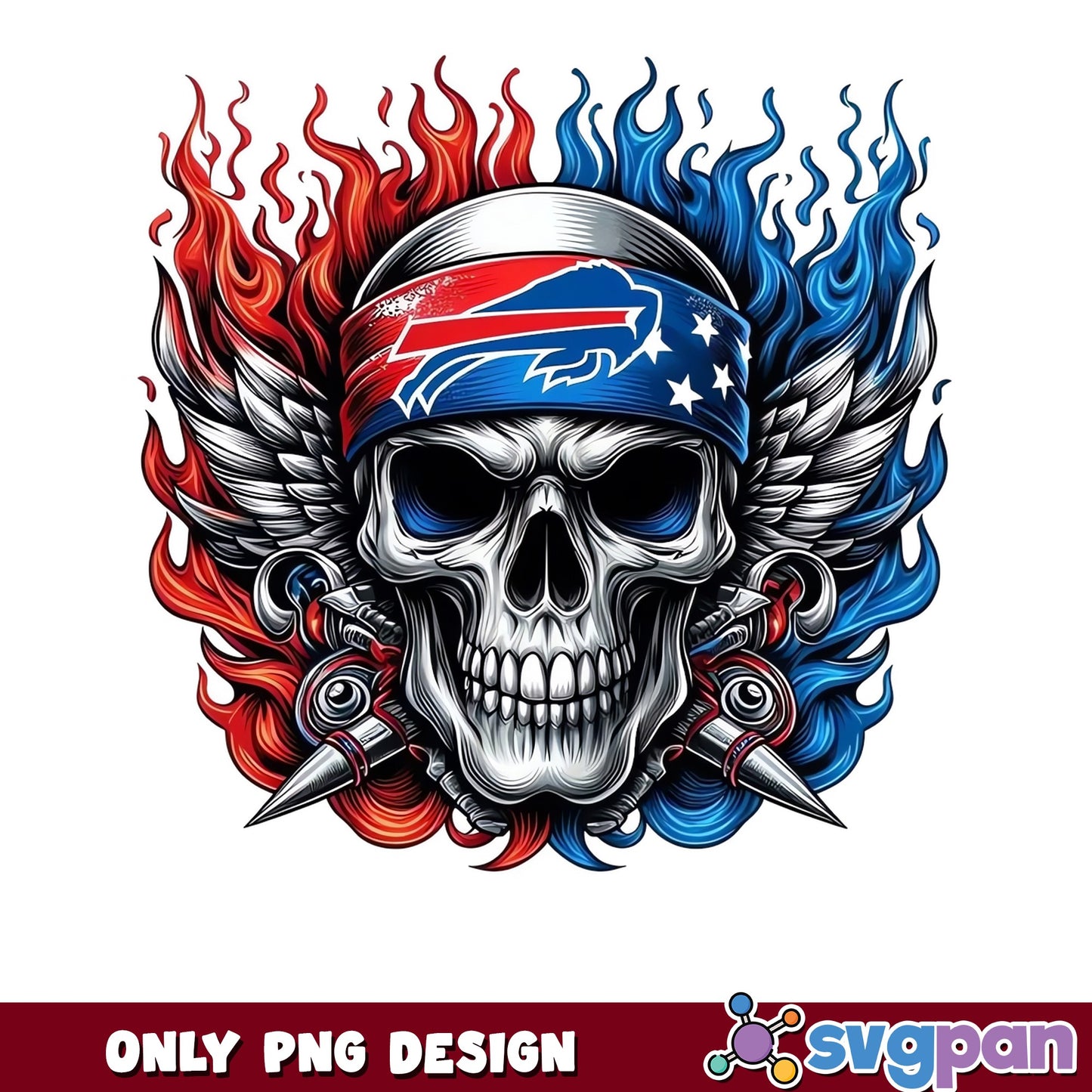Buffalo Bills Fire Skull Wings PNG, NFL Skull Design, Bills Football PNG