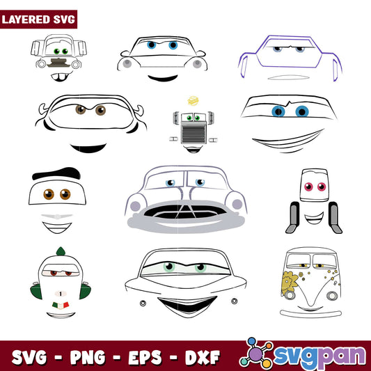 Bundle of Cute Car Faces SVG Layered Designs