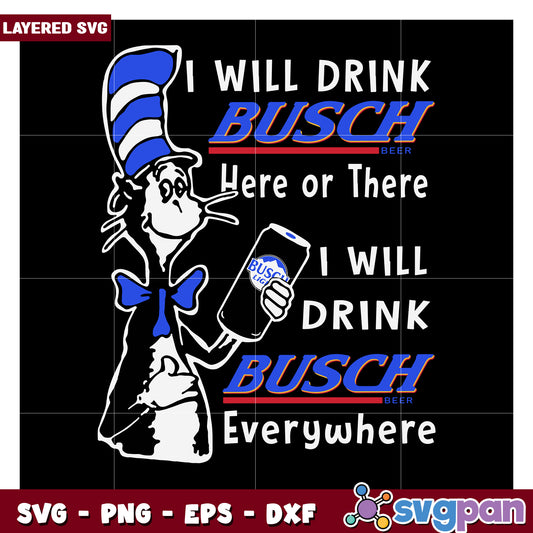 Busch Beer SVG Design for Crafting, Fun Cat in Hat Theme Decor